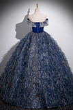 A Line Shiny Sequin Blue Long Prom Gown, Blue Long Evening Dress HZ0509