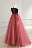 Line Tulle Watermelon Red Long Prom Dress, Watermelon Red Tulle Long Formal Dress HZ0509