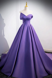 Line off Shoulder Satin Purple Long Prom Dress, Purple Long Evening Dress HZ0509