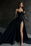 Line Lace Appliques High Split Black Long Prom Formal Dress HZ0509