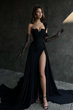 Line Lace Appliques High Split Black Long Prom Formal Dress HZ0509