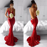 Long Prom Dresses Backless Red Silver Sequin Long Evening Dresses HZ0509