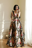 Satin Straps Floral Long Prom Dress, A Line Black Evening Dress HZ0509