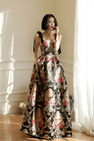 Satin Straps Floral Long Prom Dress, A Line Black Evening Dress HZ0509