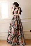 Satin Straps Floral Long Prom Dress, A Line Black Evening Dress HZ0509