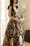 Satin Straps Floral Long Prom Dress, A Line Black Evening Dress HZ0509