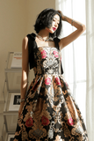 Satin Straps Floral Long Prom Dress, A Line Black Evening Dress HZ0509