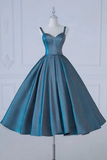 Line Sweetheart Neck Satin Tea Length Blue Prom Dress, Blue Formal Dress HZ0509