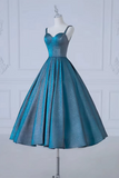Line Sweetheart Neck Satin Tea Length Blue Prom Dress, Blue Formal Dress HZ0509