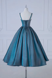 Line Sweetheart Neck Satin Tea Length Blue Prom Dress, Blue Formal Dress HZ0509