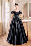Satin Floor Length A Line Prom Dress, Off the Shoulder Evening Party Dress HZ0509
