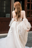 Champagne A Line Lace Tulle Long Prom Dress, Lace Tulle Formal Dress HZ0509