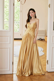 Spaghetti Straps Satin Long Prom Dress, Gold V Neck Backless Evening Party Dress HZ0509