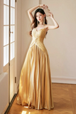 Spaghetti Straps Satin Long Prom Dress, Gold V Neck Backless Evening Party Dress HZ0509