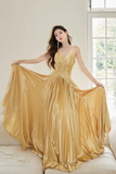Spaghetti Straps Satin Long Prom Dress, Gold V Neck Backless Evening Party Dress HZ0509