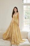 Spaghetti Straps Satin Long Prom Dress, Gold V Neck Backless Evening Party Dress HZ0509