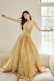Spaghetti Straps Satin Long Prom Dress, Gold V Neck Backless Evening Party Dress HZ0509