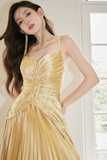 Spaghetti Straps Satin Long Prom Dress, Gold V Neck Backless Evening Party Dress HZ0509