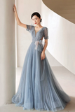 Blue Pleated Tulle Floor Length Prom Dress, Beautiful Short Sleeve Evening Party Dress HZ0509