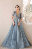 Blue Pleated Tulle Floor Length Prom Dress, Beautiful Short Sleeve Evening Party Dress HZ0509