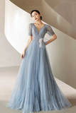 Blue Pleated Tulle Floor Length Prom Dress, Beautiful Short Sleeve Evening Party Dress HZ0509