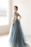 Blue Pleated Tulle Floor Length Prom Dress, Beautiful Short Sleeve Evening Party Dress HZ0509