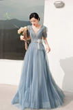 Blue Pleated Tulle Floor Length Prom Dress, Beautiful Short Sleeve Evening Party Dress HZ0509