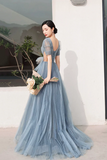 Blue Pleated Tulle Floor Length Prom Dress, Beautiful Short Sleeve Evening Party Dress HZ0509