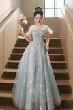 Tulle Lace Long Prom Dress, Light Blue Tulle Off Shoulder Evening Dress HZ0509