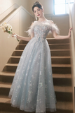 Tulle Lace Long Prom Dress, Light Blue Tulle Off Shoulder Evening Dress HZ0509