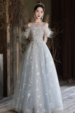 Tulle Lace Long Prom Dress, Light Blue Tulle Off Shoulder Evening Dress HZ0509