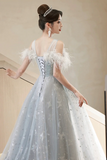 Tulle Lace Long Prom Dress, Light Blue Tulle Off Shoulder Evening Dress HZ0509