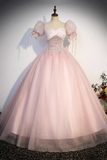 Tulle Sequins Long Prom Dress, Lovely A Line Short Sleeve Evening Party Dress HZ0509