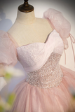 Tulle Sequins Long Prom Dress, Lovely A Line Short Sleeve Evening Party Dress HZ0509
