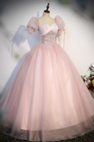Tulle Sequins Long Prom Dress, Lovely A Line Short Sleeve Evening Party Dress HZ0509