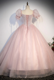 Tulle Sequins Long Prom Dress, Lovely A Line Short Sleeve Evening Party Dress HZ0509