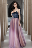 Spaghetti Strap Velvet Tulle Long Prom Dress, A Line Evening Dress HZ0509