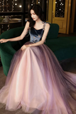 Spaghetti Strap Velvet Tulle Long Prom Dress, A Line Evening Dress HZ0509
