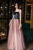Spaghetti Strap Velvet Tulle Long Prom Dress, A Line Evening Dress HZ0509