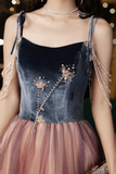 Spaghetti Strap Velvet Tulle Long Prom Dress, A Line Evening Dress HZ0509