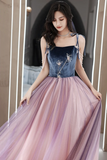 Spaghetti Strap Velvet Tulle Long Prom Dress, A Line Evening Dress HZ0509