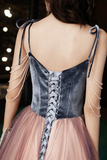 Spaghetti Strap Velvet Tulle Long Prom Dress, A Line Evening Dress HZ0509