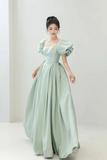 Green Satin Long A Line Prom Dress, Cute Short Sleeve Evening Dress HZ0509