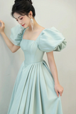 Green Satin Long A Line Prom Dress, Cute Short Sleeve Evening Dress HZ0509