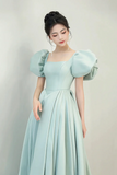 Green Satin Long A Line Prom Dress, Cute Short Sleeve Evening Dress HZ0509