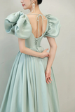 Green Satin Long A Line Prom Dress, Cute Short Sleeve Evening Dress HZ0509