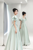 Green Satin Long A Line Prom Dress, Cute Short Sleeve Evening Dress HZ0509