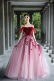 Line Velvet Tulle Long Prom Dress, Lovely Lace Off the Shoulder Evening Dress HZ0509