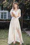 V Neck Lace High Low Prom Dress, White Evening Dress HZ0509