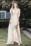 V Neck Lace High Low Prom Dress, White Evening Dress HZ0509